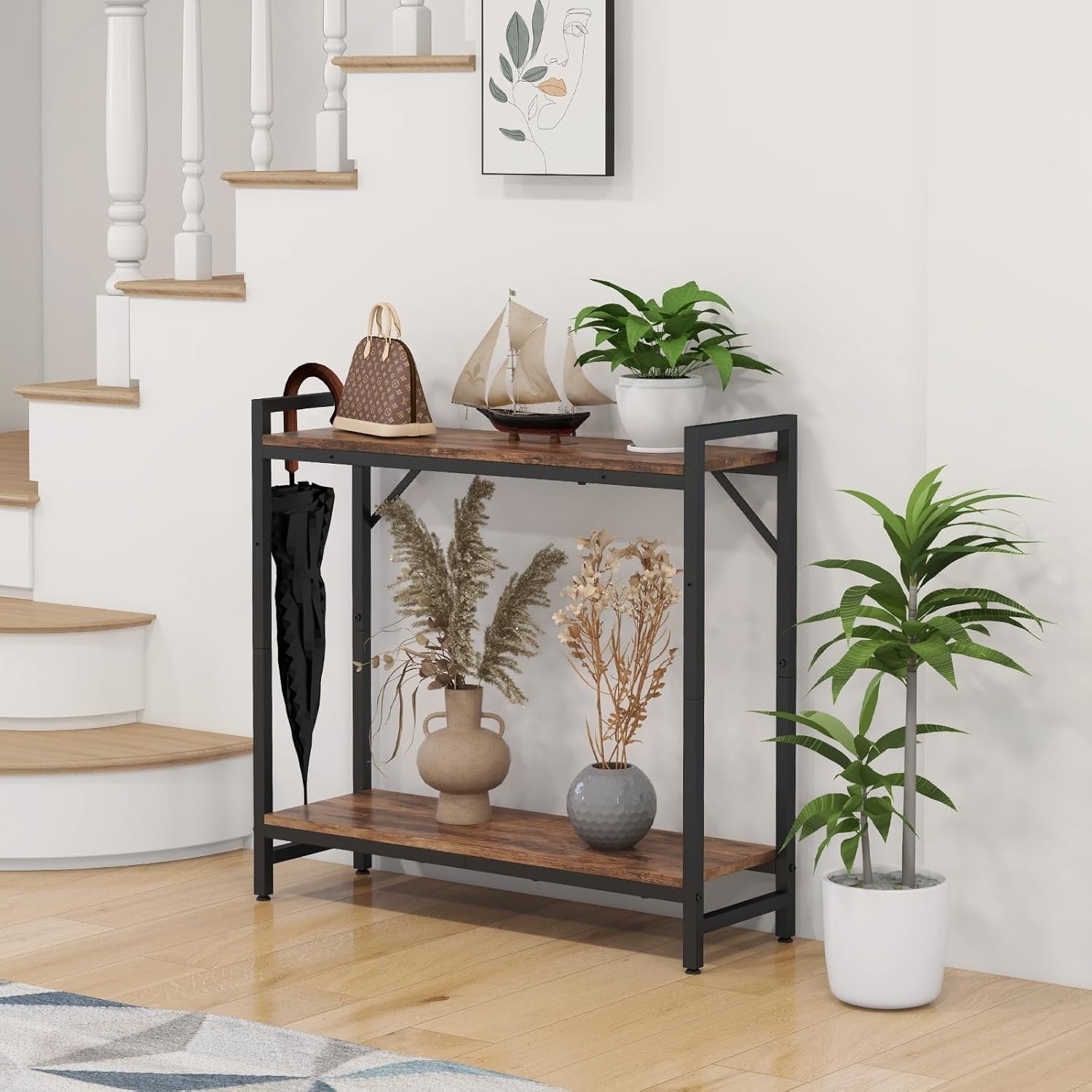 Narrow Console Table for Small Entryway & Hallway, Sturdy Wood + Metal