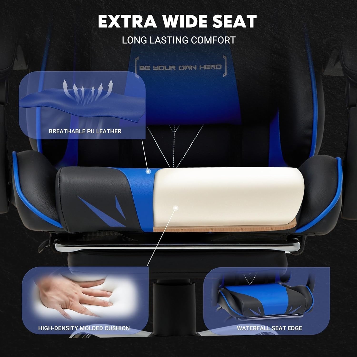 High Back Gaming Chair with Footrest Blue Faux Leather Computer Office Swivel Se