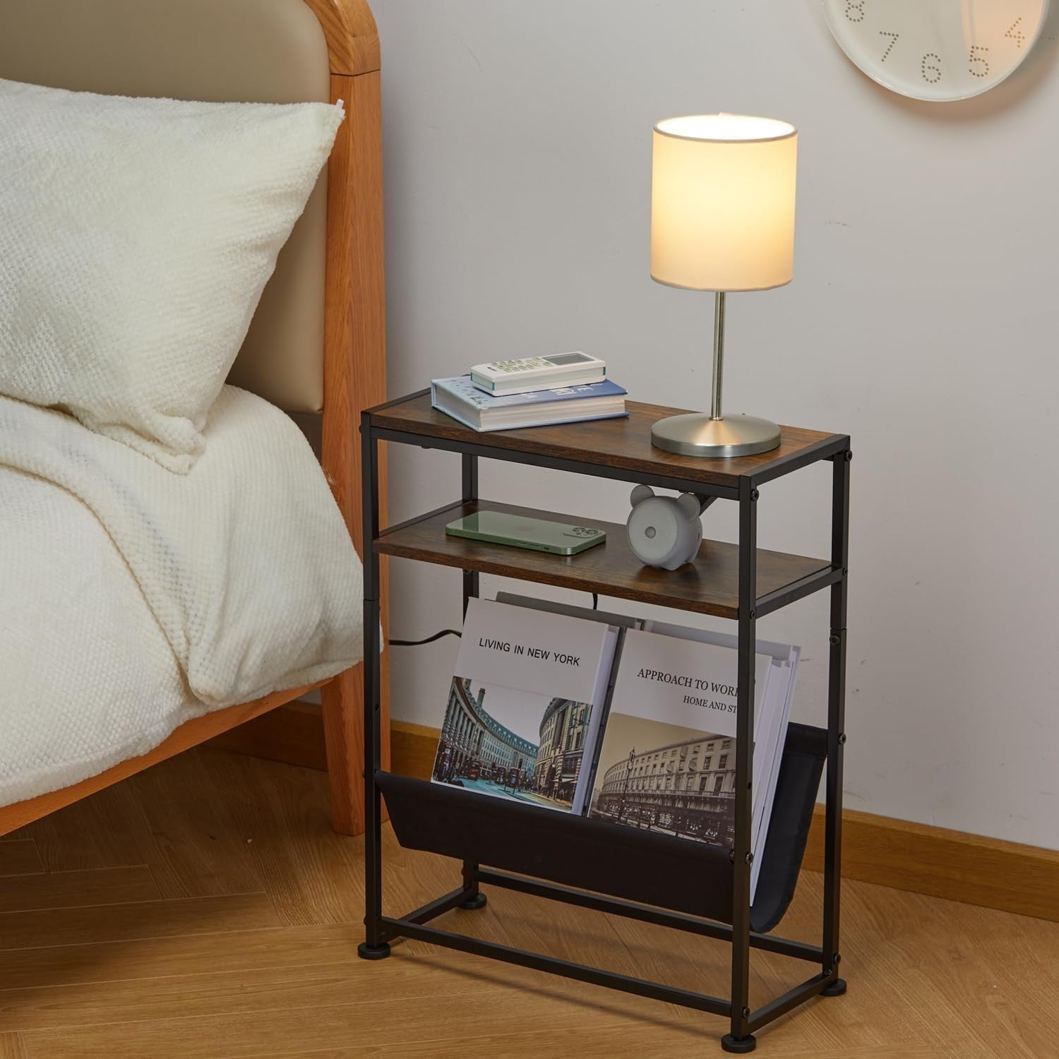 Slim Rustic Side Table with Magazine Rack – Narrow End Table for Sofa Bed