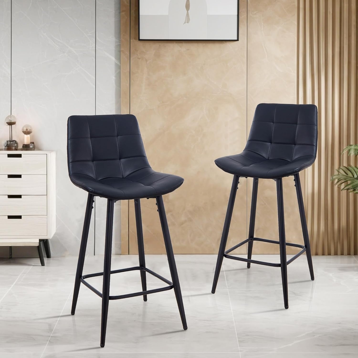 Black Faux Leather Bar Stools Set of 2 – Padded Kitchen Chairs
