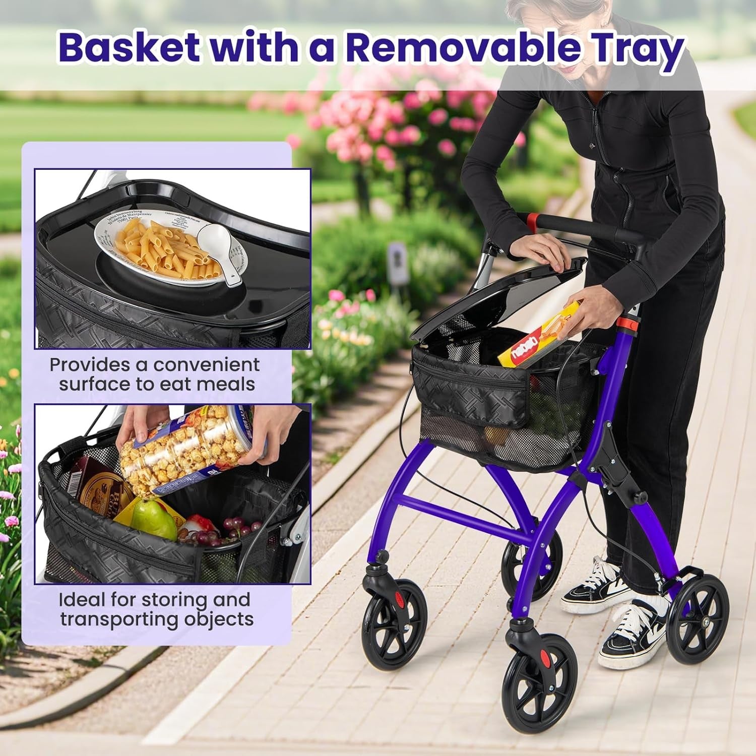Lightweight Folding Rollator Walker 4 Wheel Basket Brakes Narrow Purple