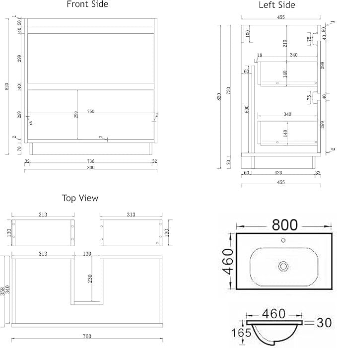 800mm Black Floor Standing Vanity Unit with Basin Sink 2 Drawer Bathroom Cabinet