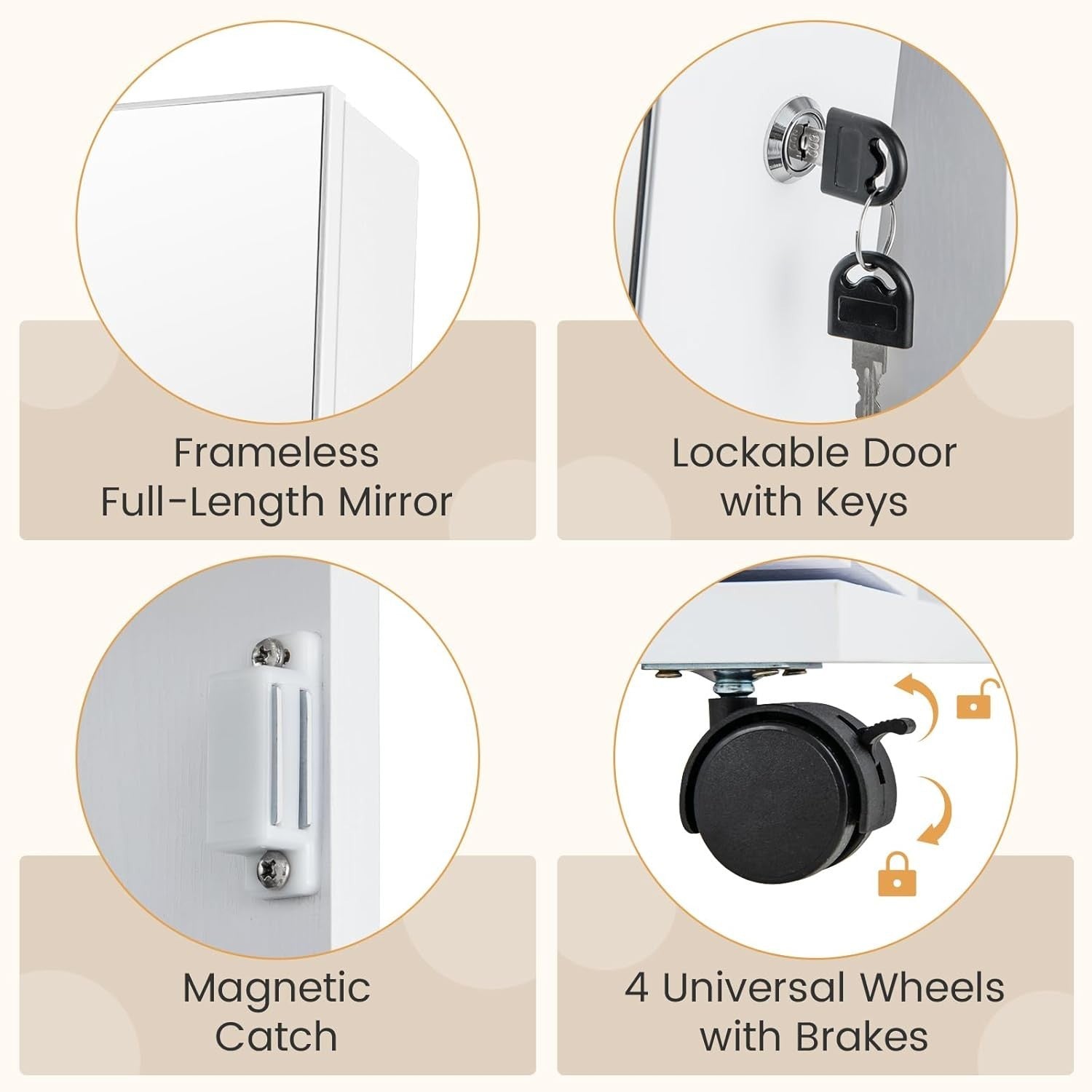 White 360° Swivel Jewelry Cabinet LED Mirror Lockable Rolling Storage