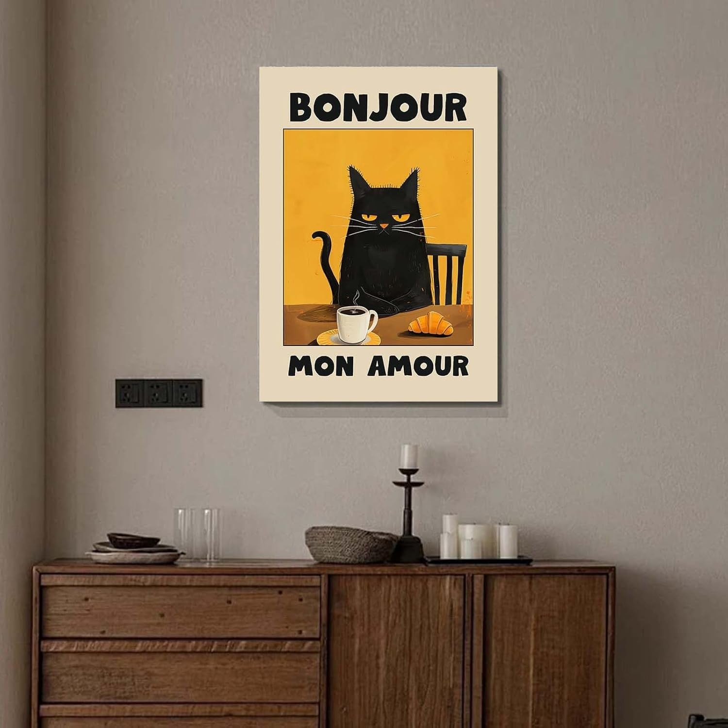 Bonjour Cat Canvas Wall Art 12x16 Framed Funny Kitchen Print