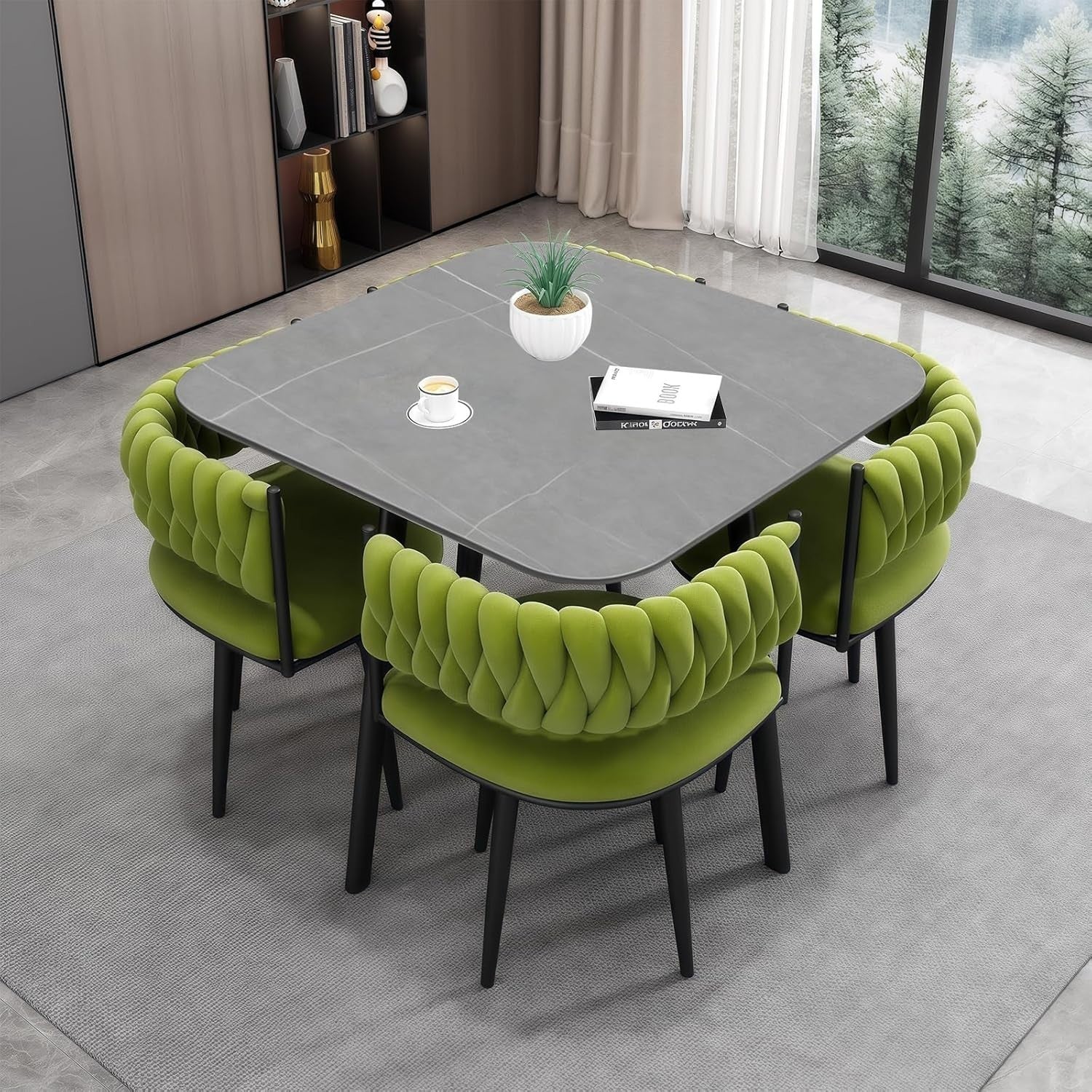 Square Marble Dining Table & 4 Velvet Chairs Set Grey Green Space-Saving