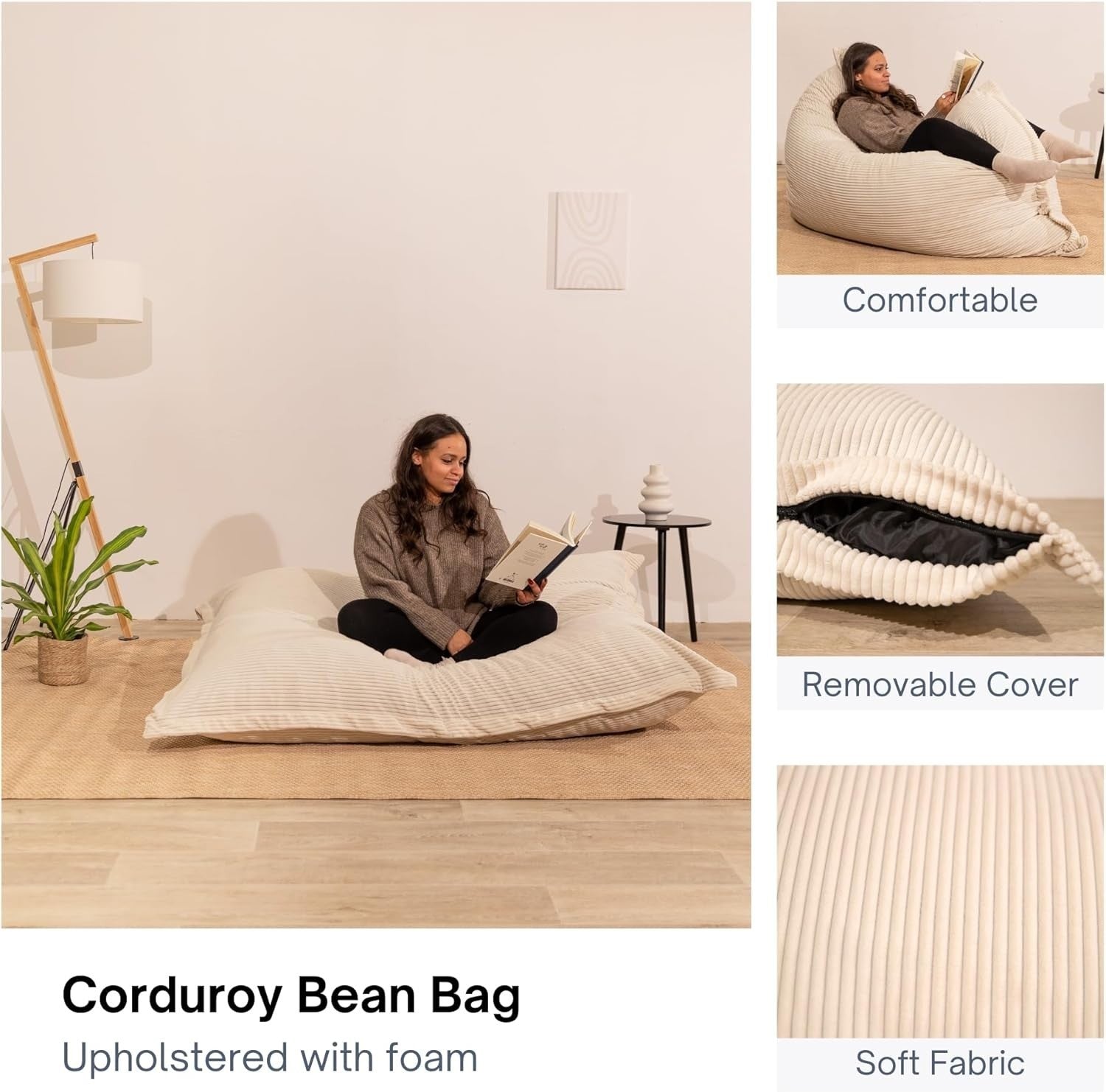 XXL Foam Bean Bag Off-white Sofa for Adults & Kids Corduroy Floor Seat 180x140cm