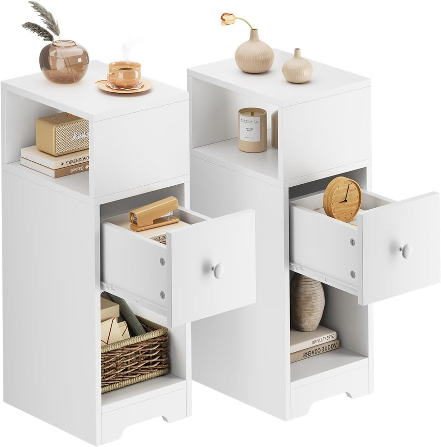Set of 2 Slim White Bedside Tables with Drawer & Shelves | Modern