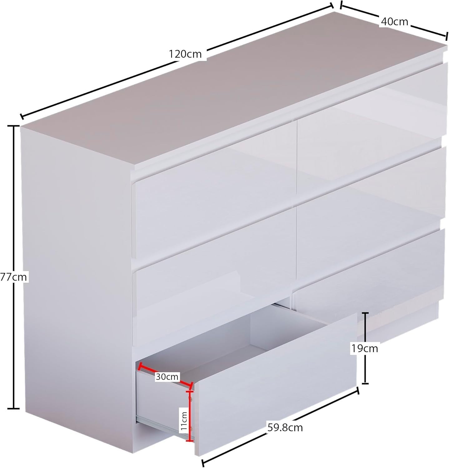 White Gloss 6 Drawer Chest Wide Storage Cabinet Bedroom Hallway Organizer