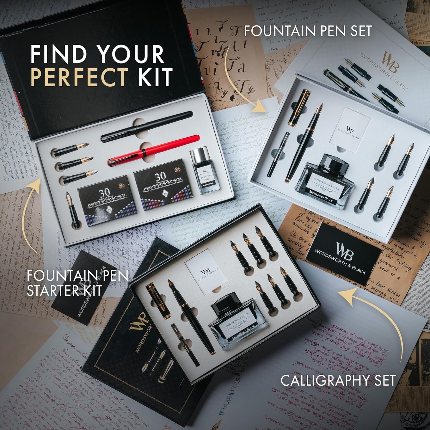 Red & Black Calligraphy Fountain Pen Set 2 Pens Ink Cartridges Gift