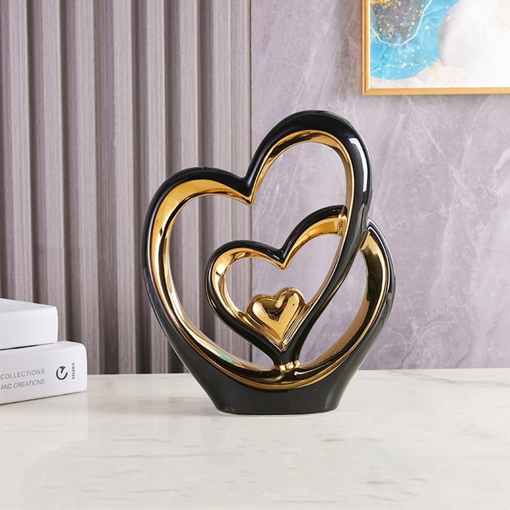Modern Double Heart Ceramic Sculpture • Gold Accent Home Decor Gift Ornament