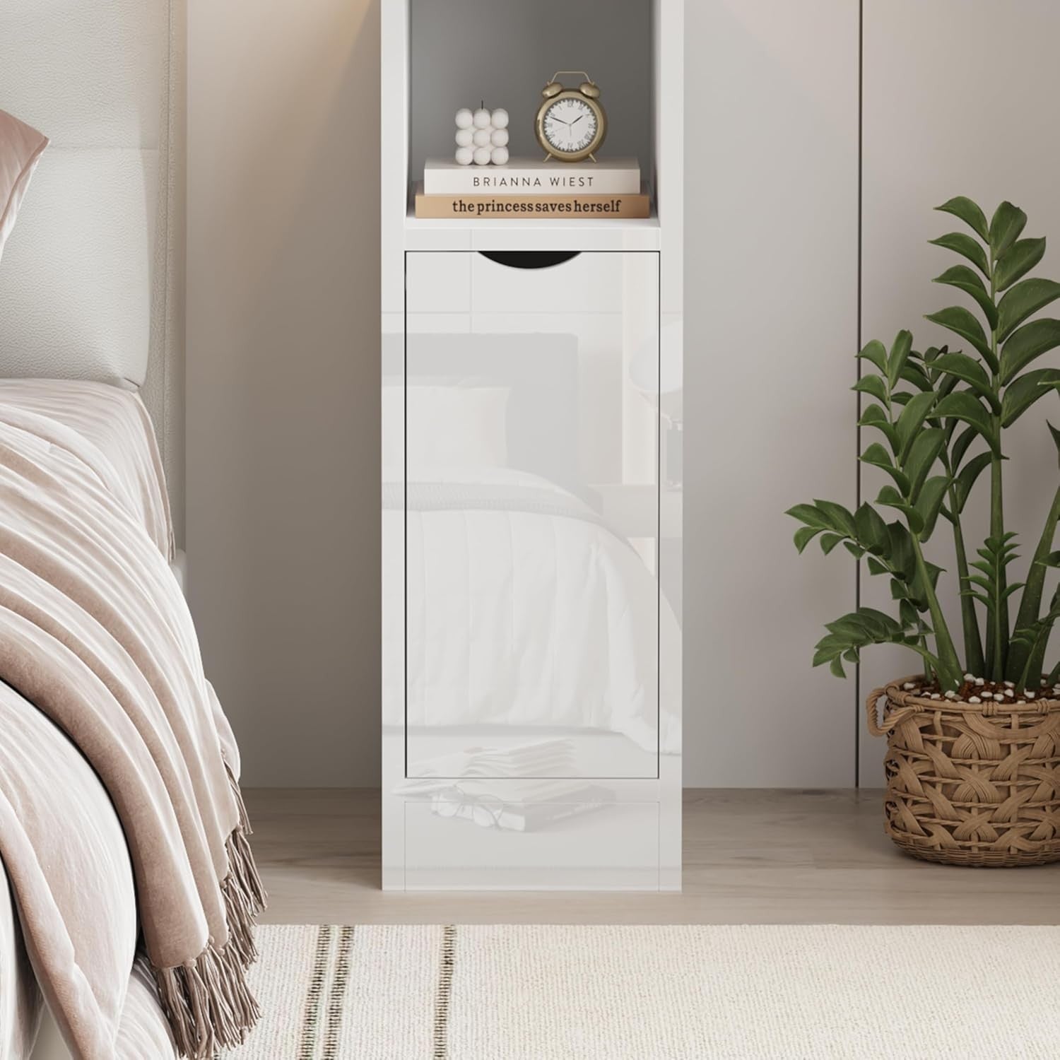 Slim White High Gloss Bedside Table with Drawer & Shelf, Narrow Nightstand