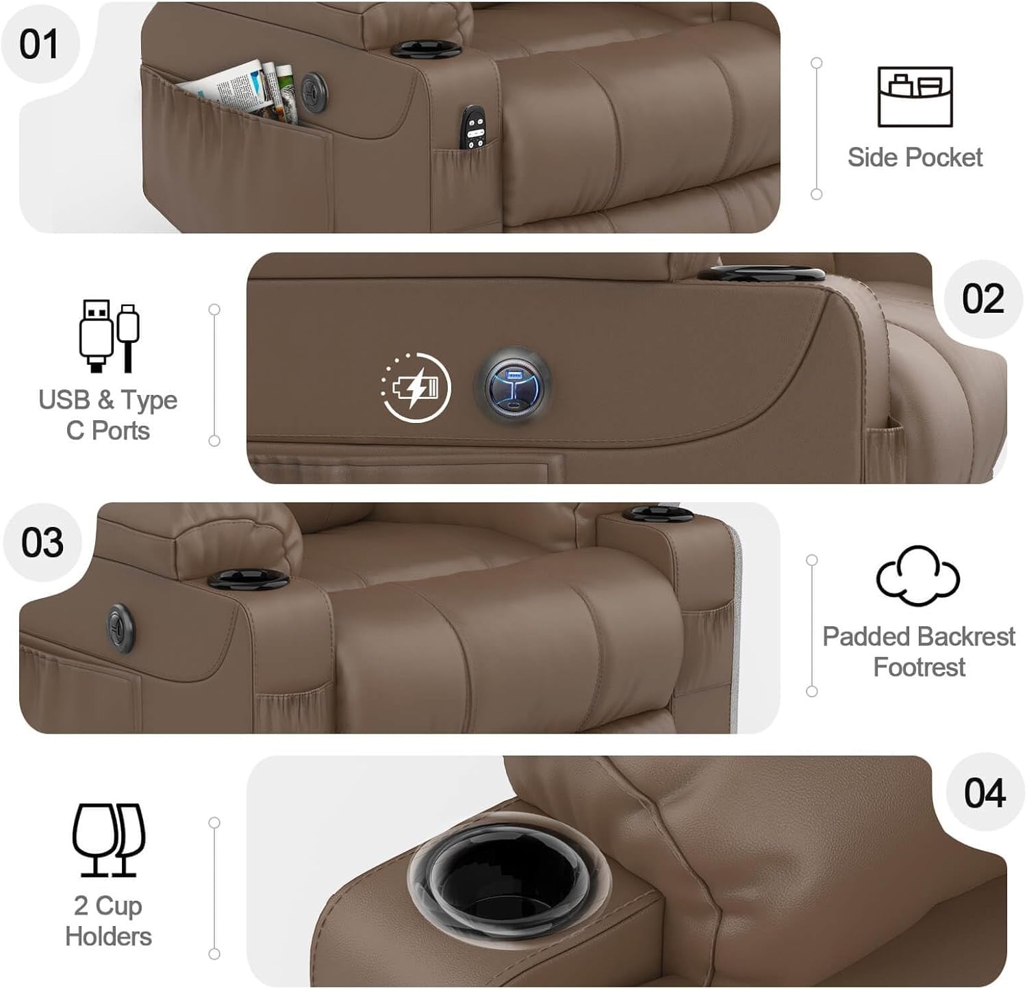 Power Lift Recliner Chair Massage USB Type-C Mocha Fabric Cup Holders Pockets