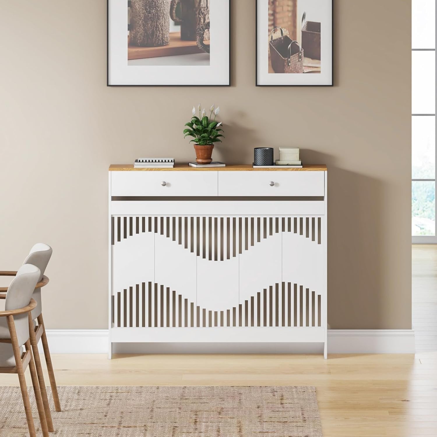 White Radiator Cover Cabinet with Drawers Modern MDF Storage Shelf, Medium