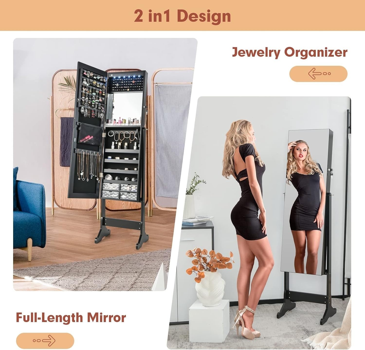 Lockable Standing Jewelry Armoire Mirror LED Lights Adjustable Angle Storage