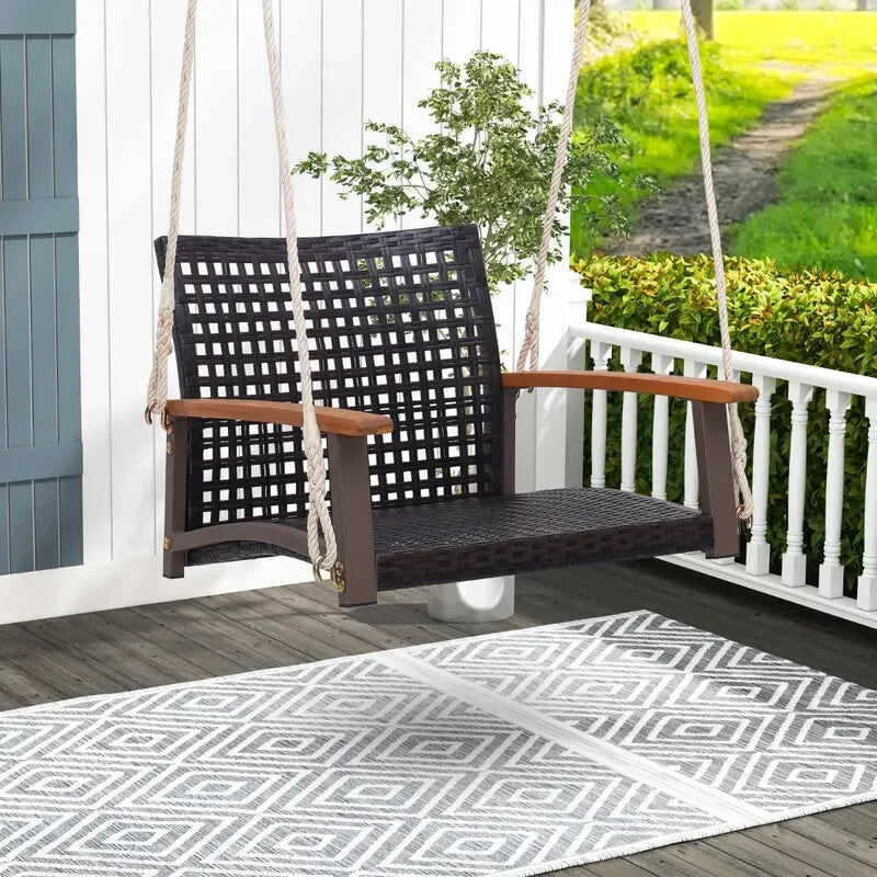 Rattan Porch Swing 2-Seater Acacia Armrests Outdoor Hanging Chair 180 kg