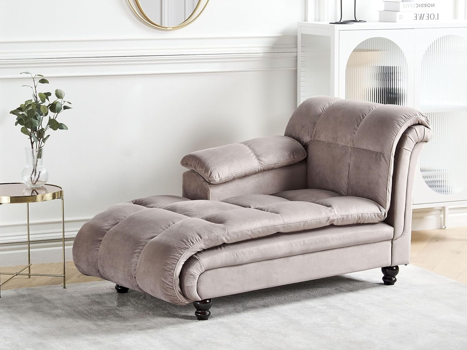 Modern Taupe Chaise Lounge Sofa Right Hand Recliner Velvet Look Compact