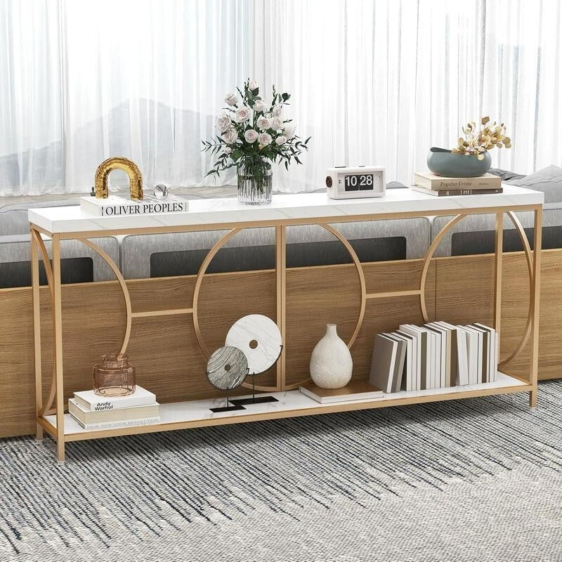 180cm White Marble Console Table with Gold Frame – 2-Tier Hallway Shelf