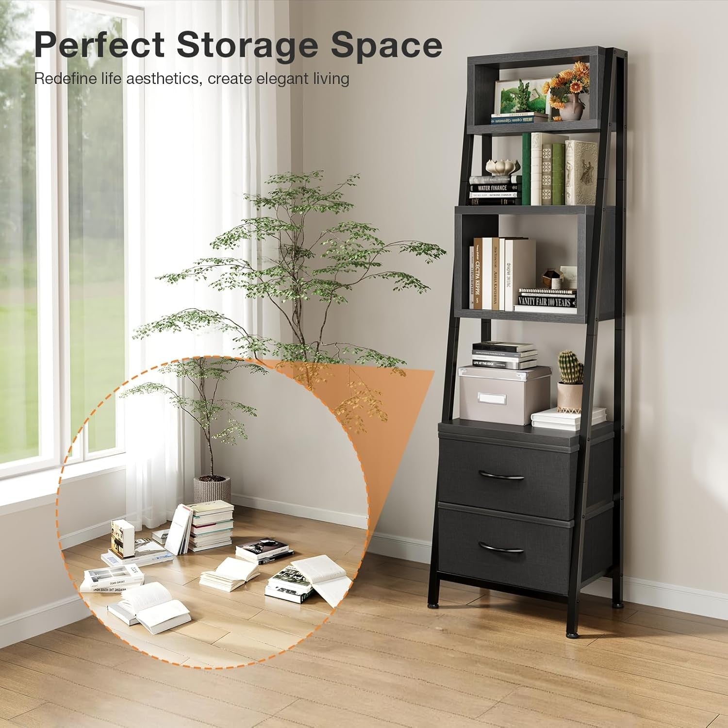Narrow 5 Tier Bookcase with Drawers Tall Storage Shelf Unit Small Room Organiser