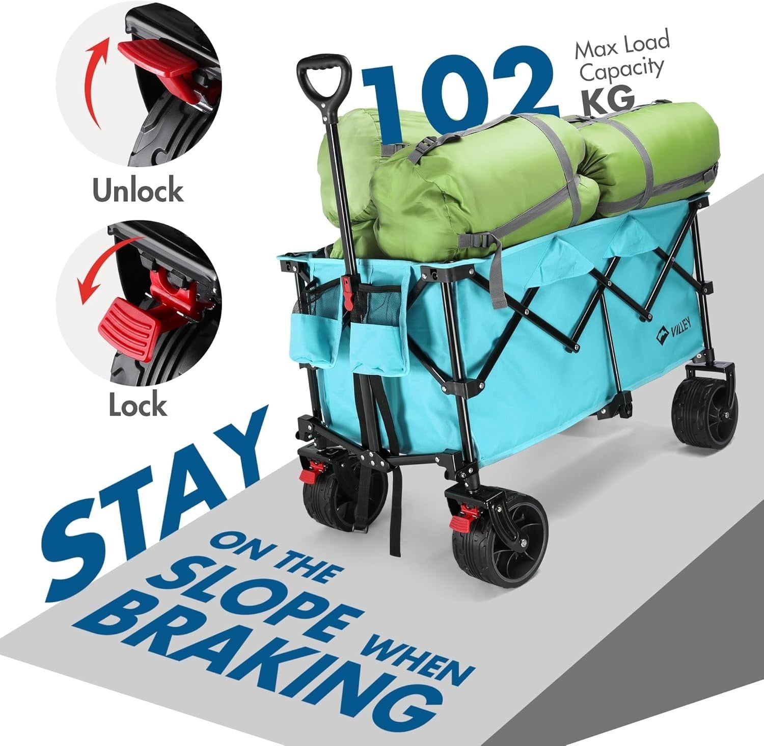 Blue 200L Folding Festival Trolley Heavy Duty Camping Beach Wagon 102kg Brakes