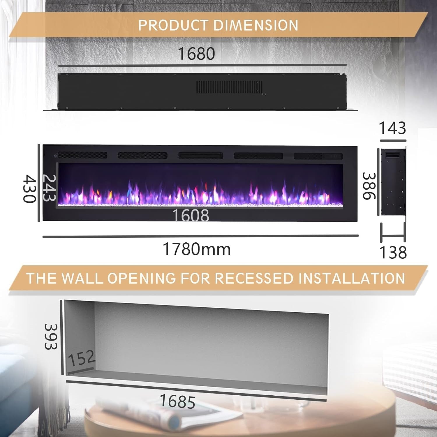 70" Wall Mounted Electric Fireplace Heater Recessed LED Flame Remote