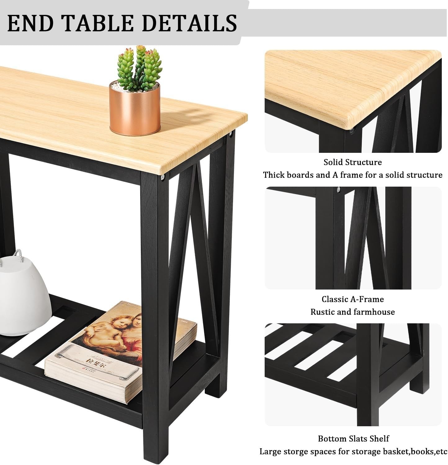Narrow Wood Side Table with Shelves, Rectangular Nightstand for Small Spaces