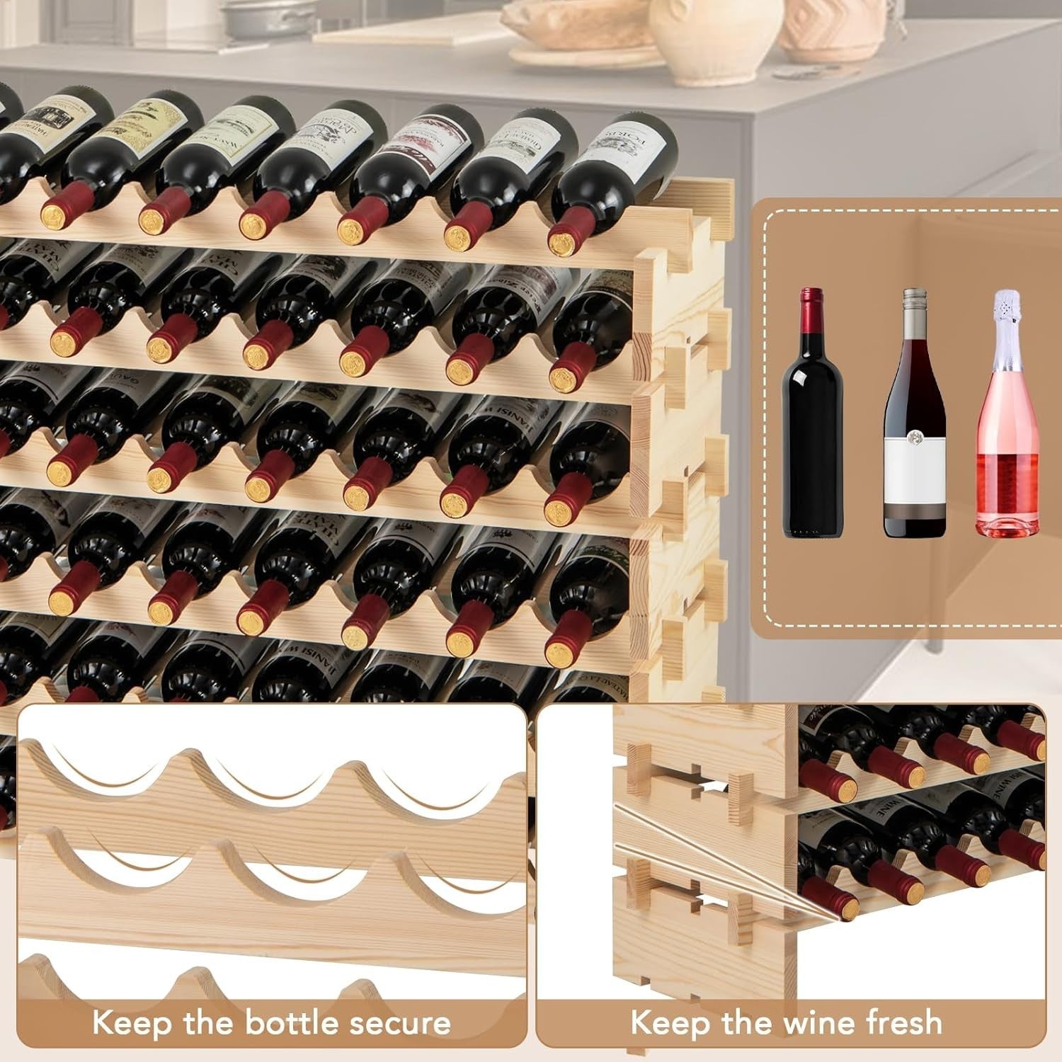 Large 60 Bottle Wooden Wine Rack 6 Tier Stackable Storage Shelf Home Bar Cellar