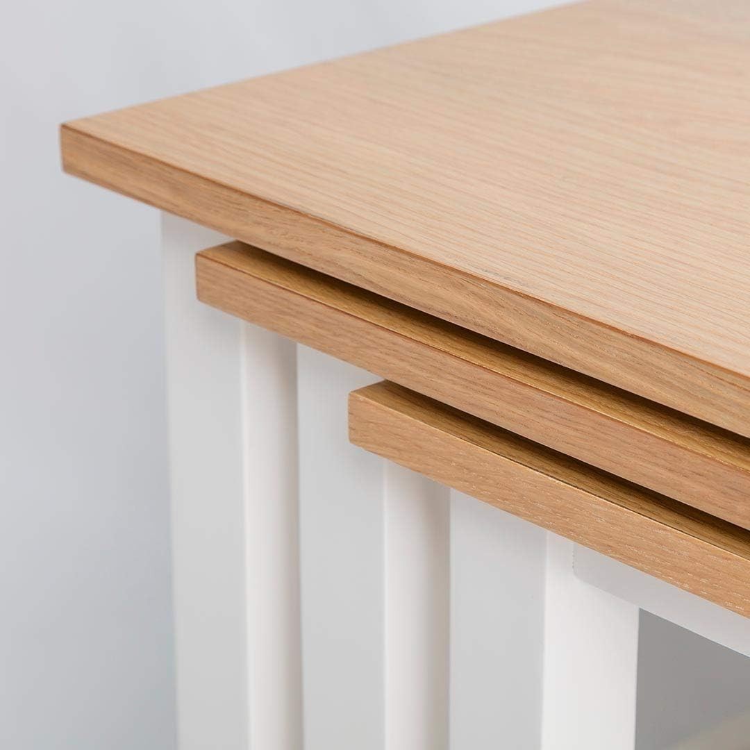 White Wood Nesting Coffee Tables Set of 3 Oak Top Contemporary Already Assembled