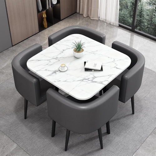 Modern White 35.4" Square Dining Table Set w/ 4 Chairs Space-Saving Faux Marble