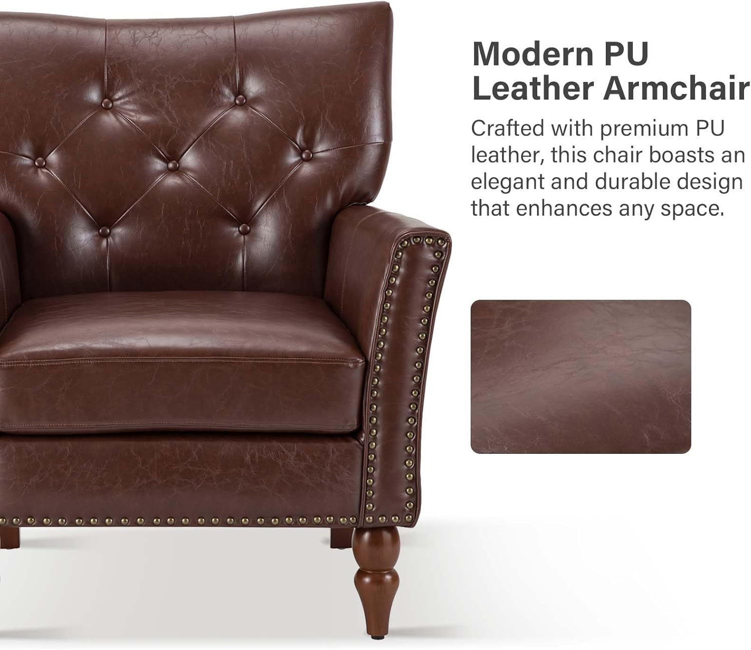 2x Brown Faux Leather Tufted Armchairs Vintage Nailhead Lounge Reading Set