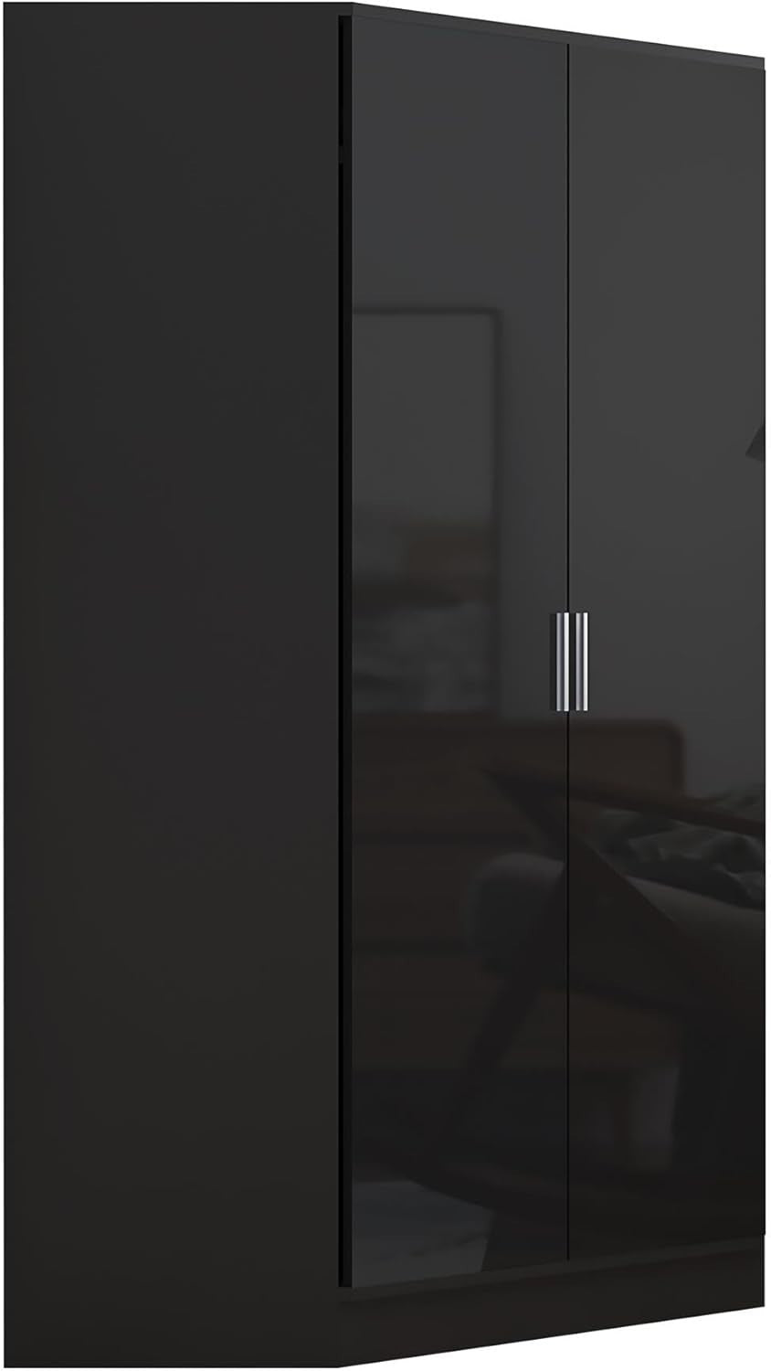 Black Gloss Corner Wardrobe 2 Door with Hanging Rails & Shelves, Space Saver