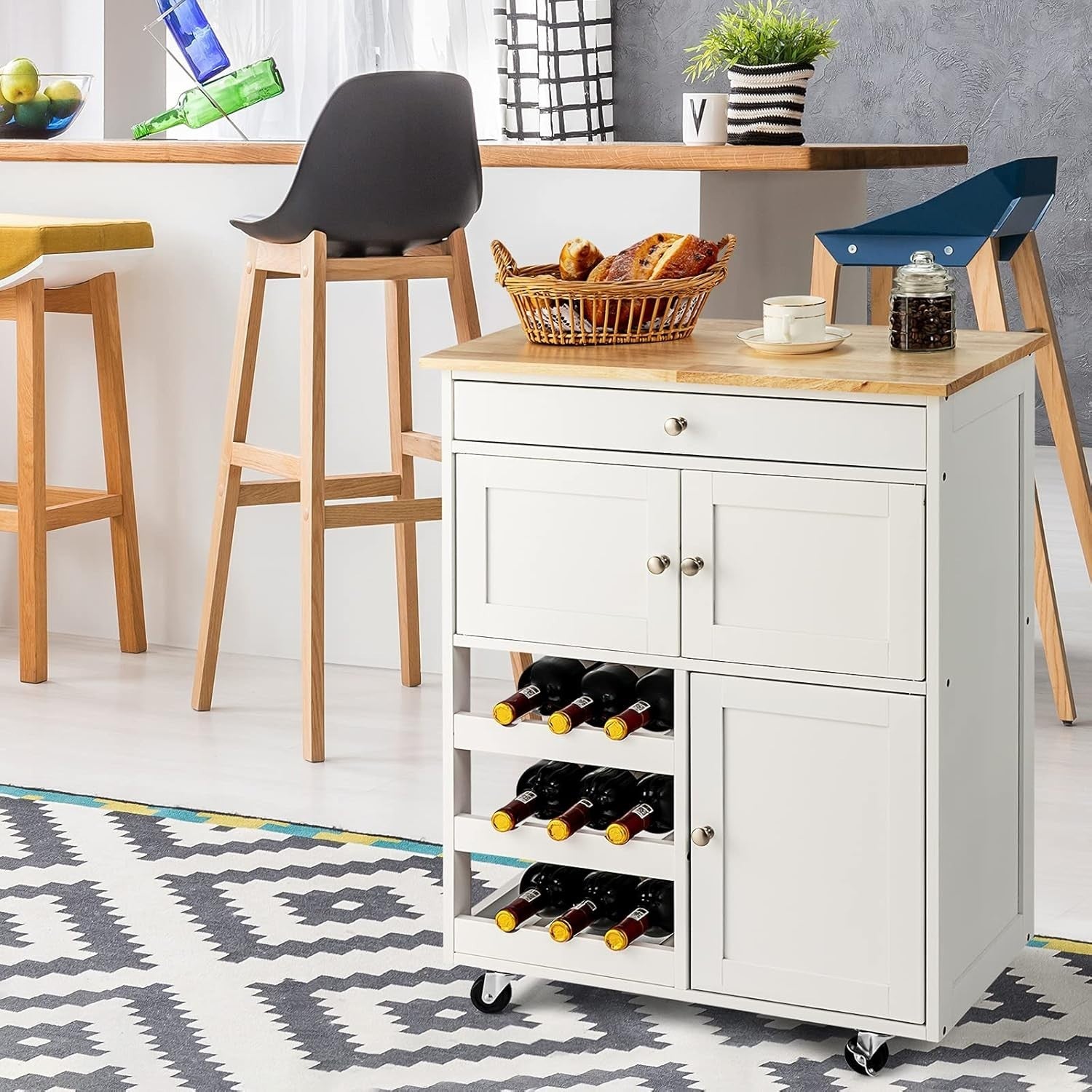 67x37x86cm White Kitchen Island Trolley Wine Rack