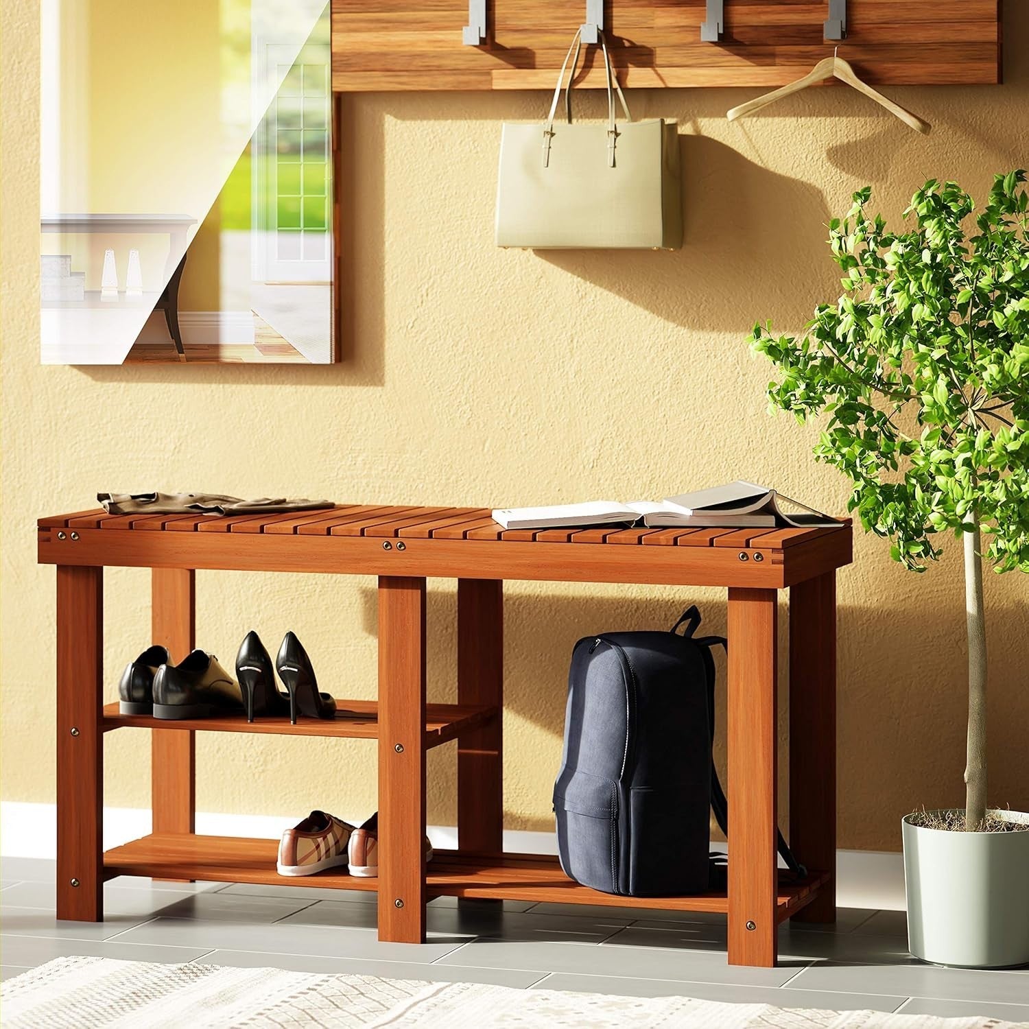 Shoe Rack with Bench, 3 Shelves, 87x45x30 cm Solid Acacia Wood Brown