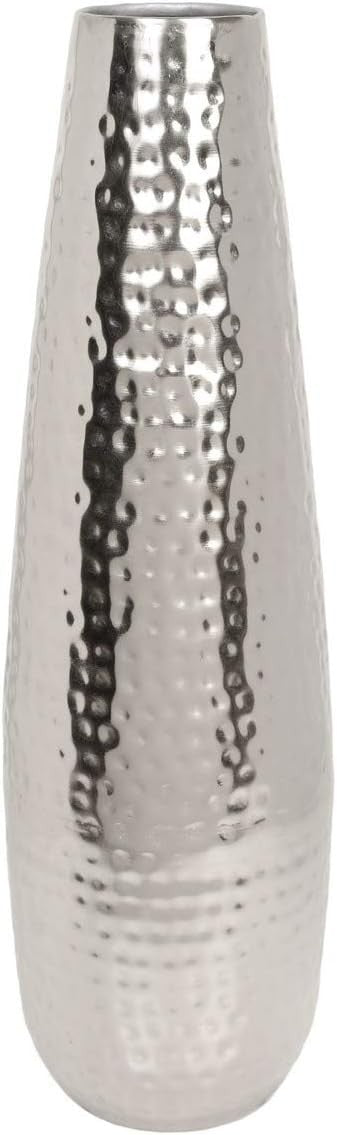 16.5 Inch Silver Metal Floor Vase Hammered Tall Teardrop Home Decor