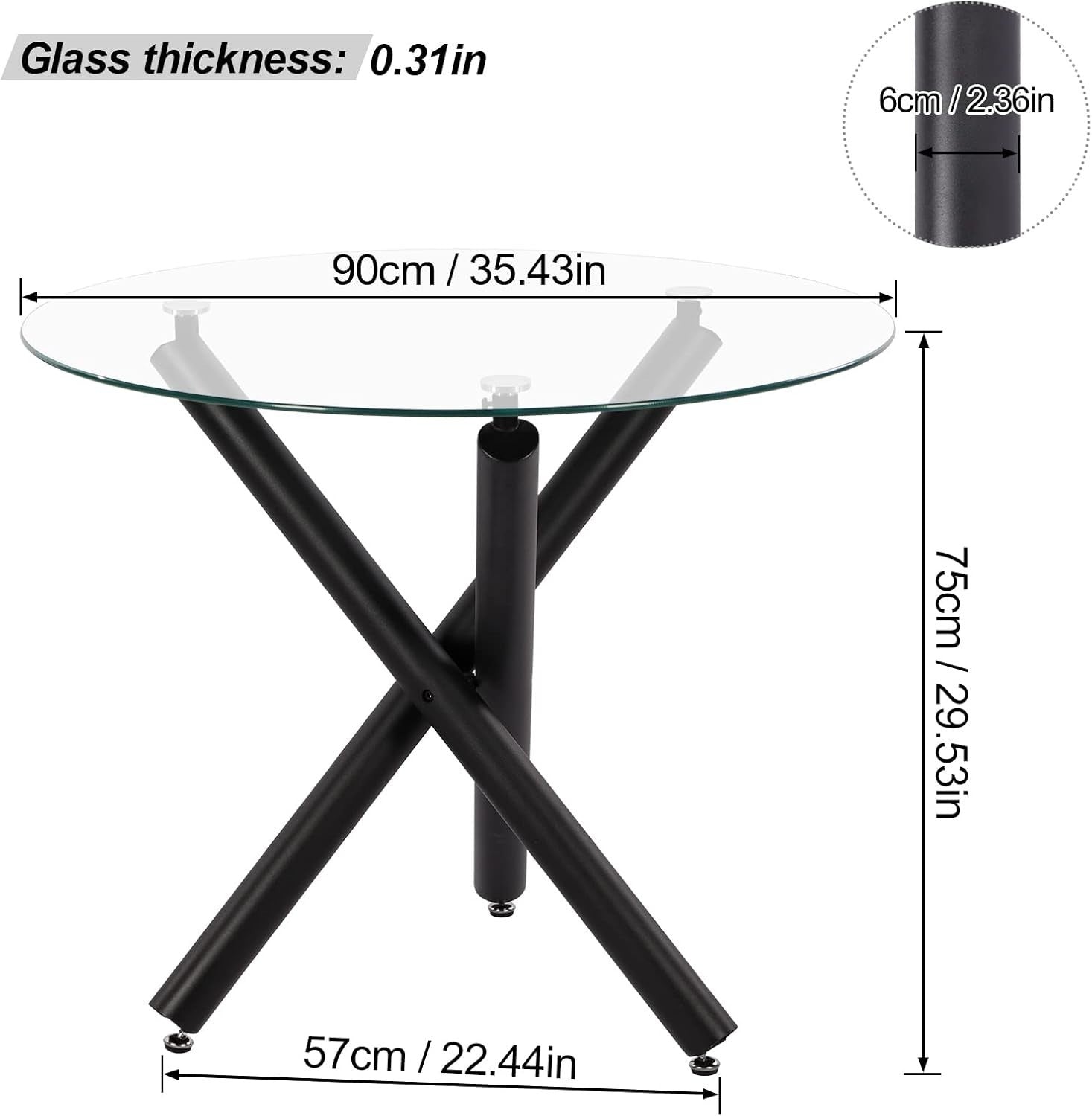 Modern Glass Dining Table Set 4 Black PU Leather Chairs Round Table