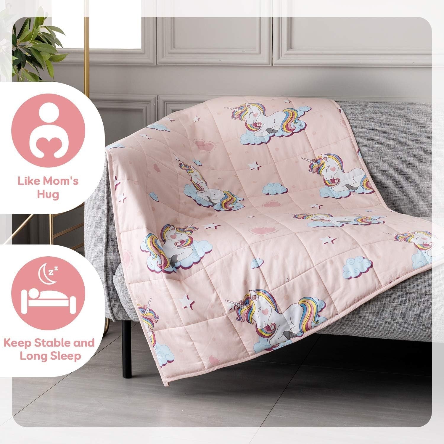 1.4kg Weighted Blanket Pink Unicorn 90x120cm 100% Cotton for Calming Sleep