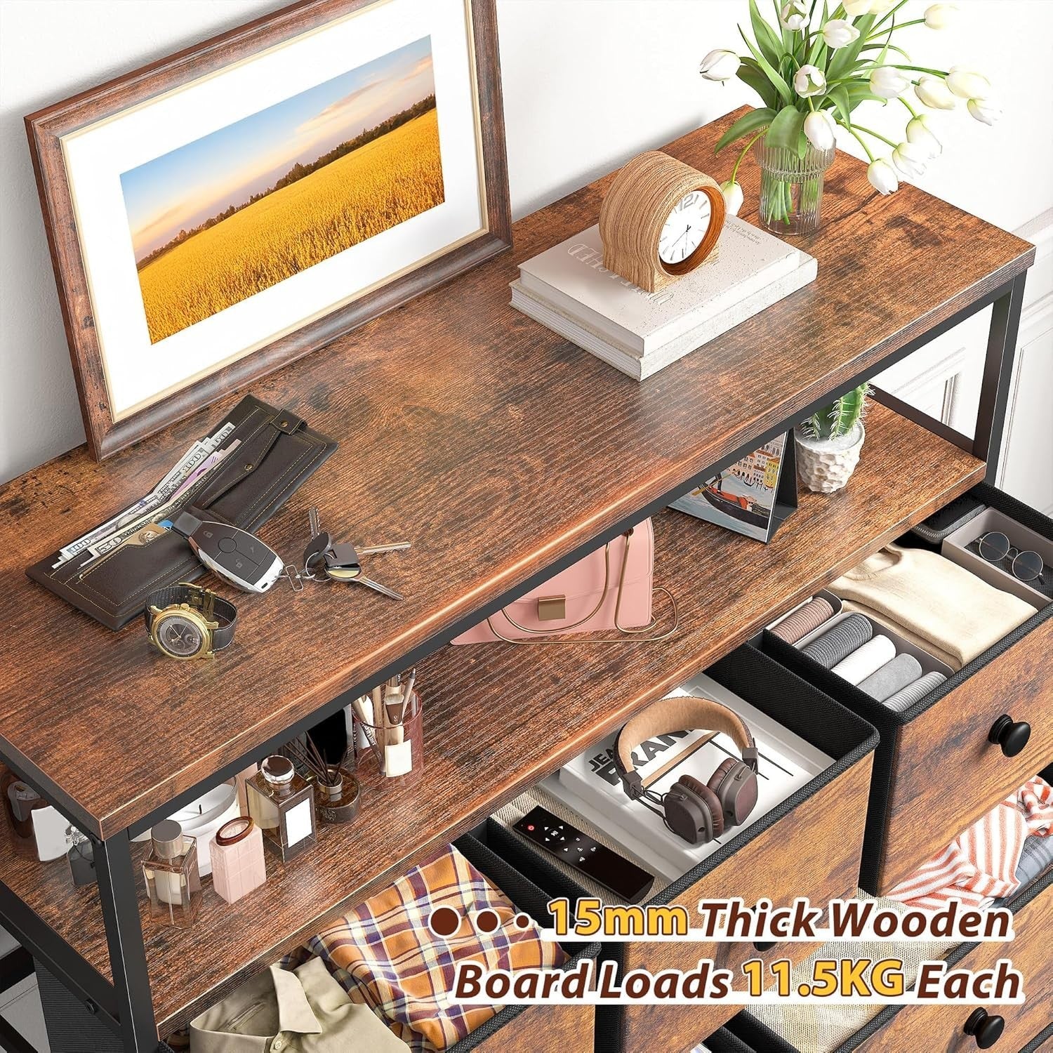 Tall Chest of Drawers Storage Unit 7 Fabric Drawers, Wood Top, Shelves