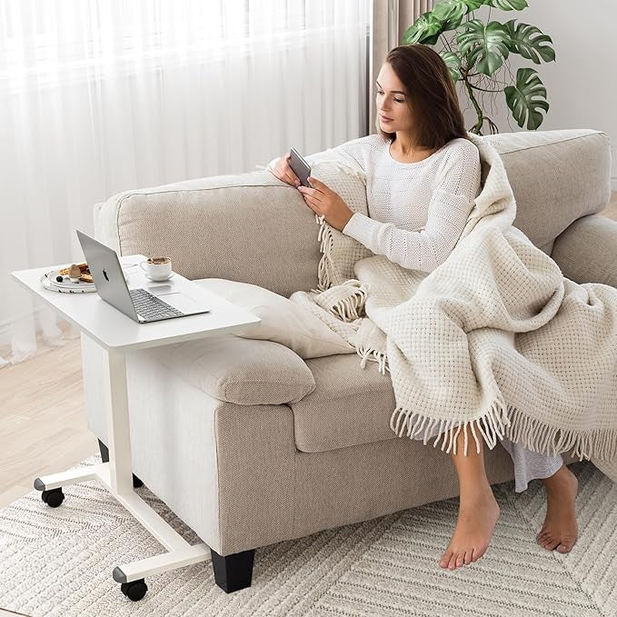 Overbed Laptop Table Height Adjustable C Shaped Desk on Wheels 80x40cm White