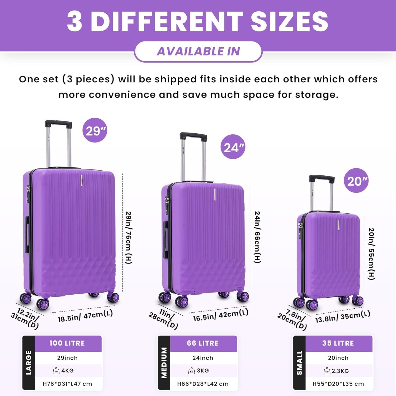 24 Inch Medium ABS Hard Shell Suitcase Lightweight 4 Spinner Wheels 66L