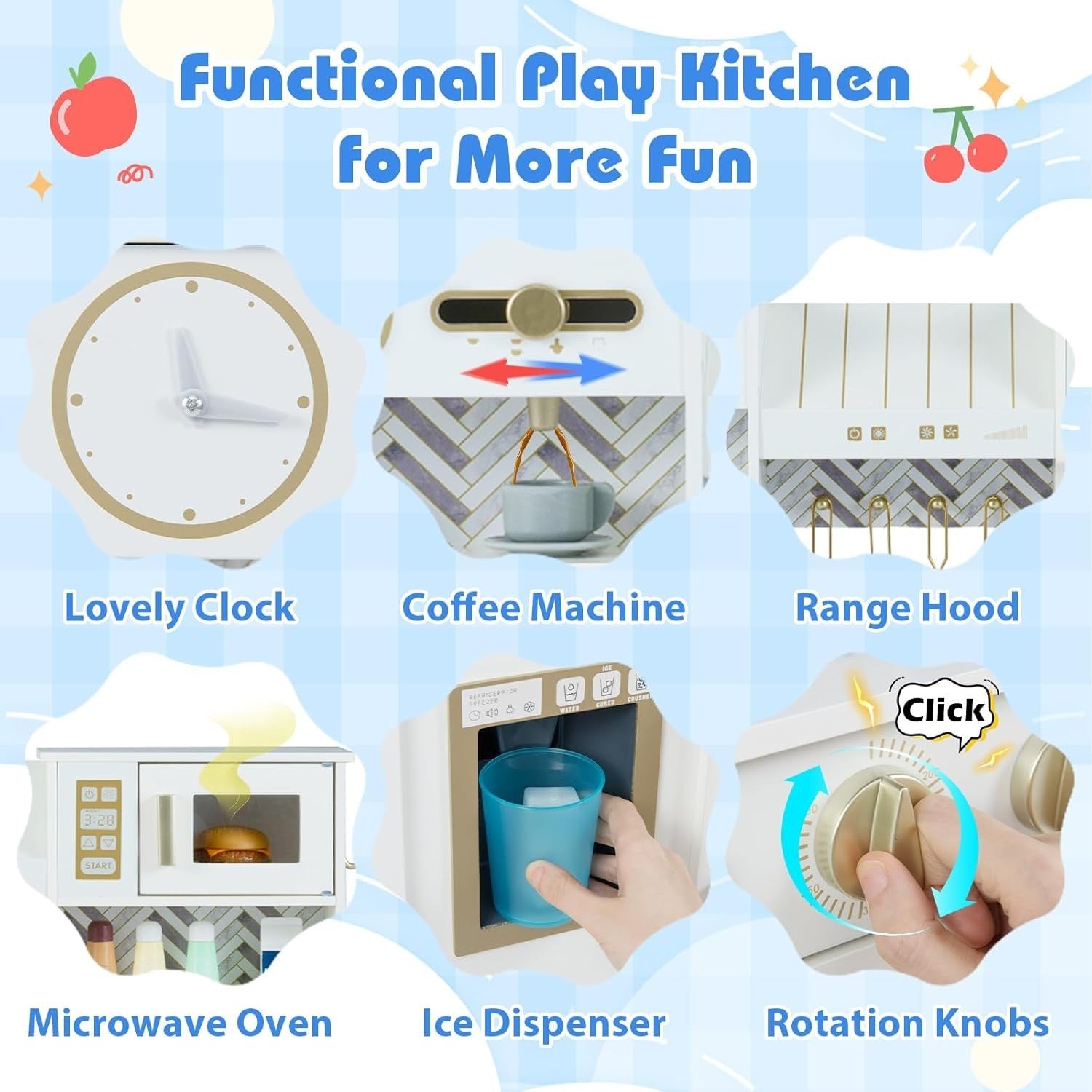 Wooden Kids Play Kitchen White w/ Coffee Station Ice Dispenser