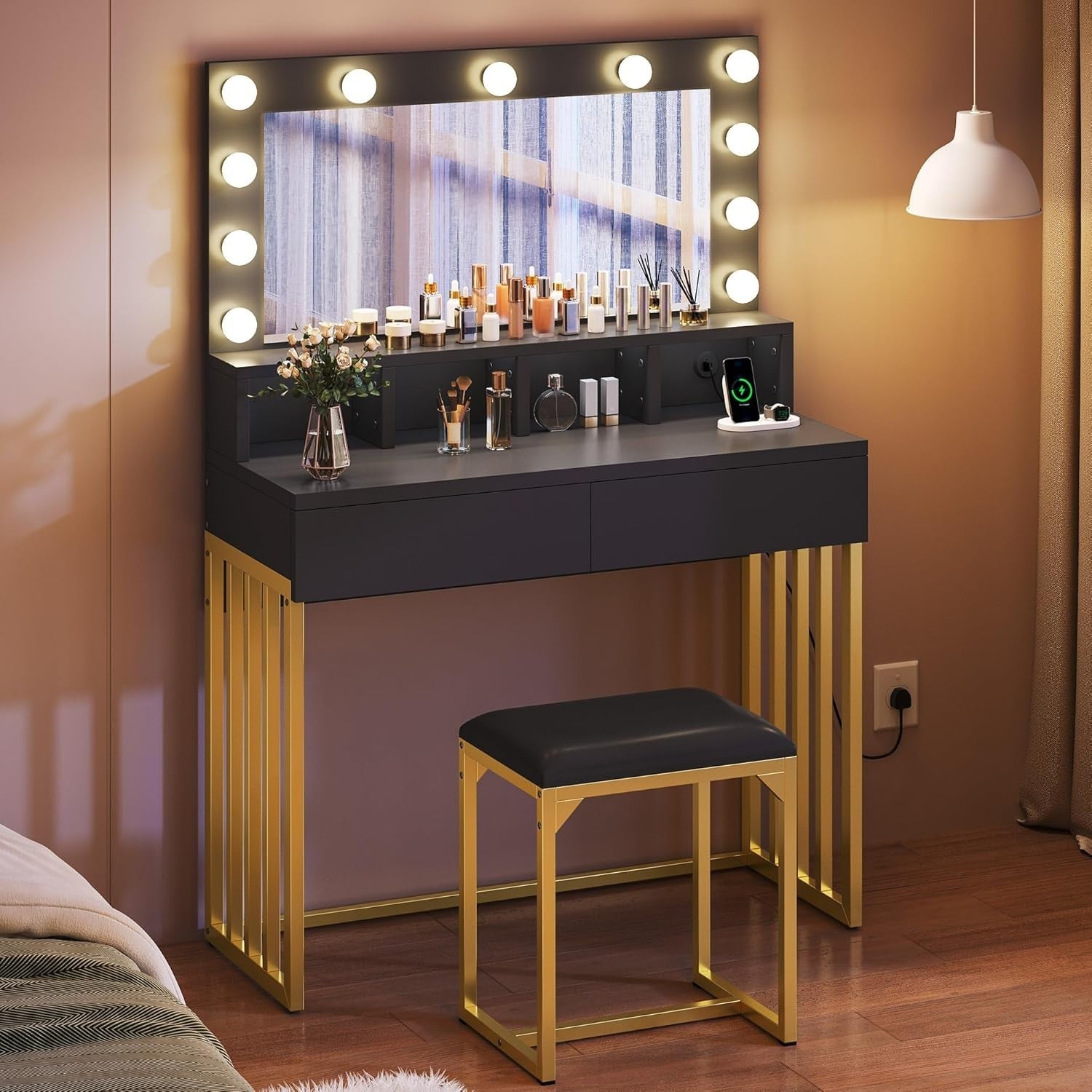 Hollywood Dressing Table Makeup Vanity Desk w/ Lighted Mirror Stool Drawers USB
