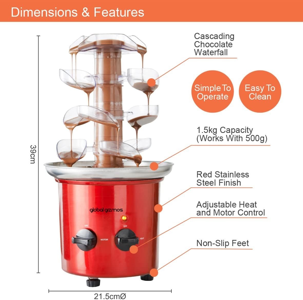Premium Chocolate Fountain Cascade Party Centrepiece 1KG Red