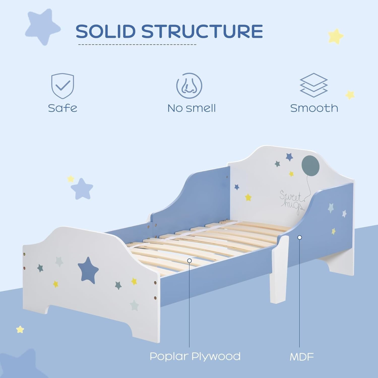 Kids Toddler Bed Frame with Guardrails Low Junior Bed Safe Modern Blue