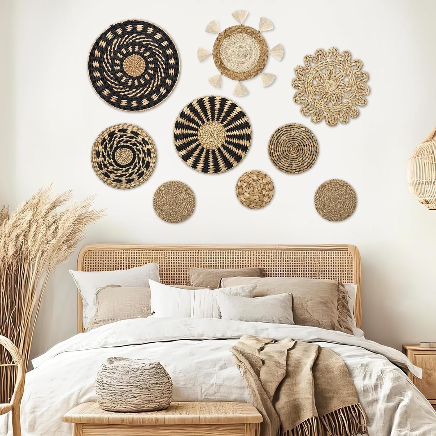 Boho Woven Wall Basket Set 9pcs Rattan Willow Round Decor
