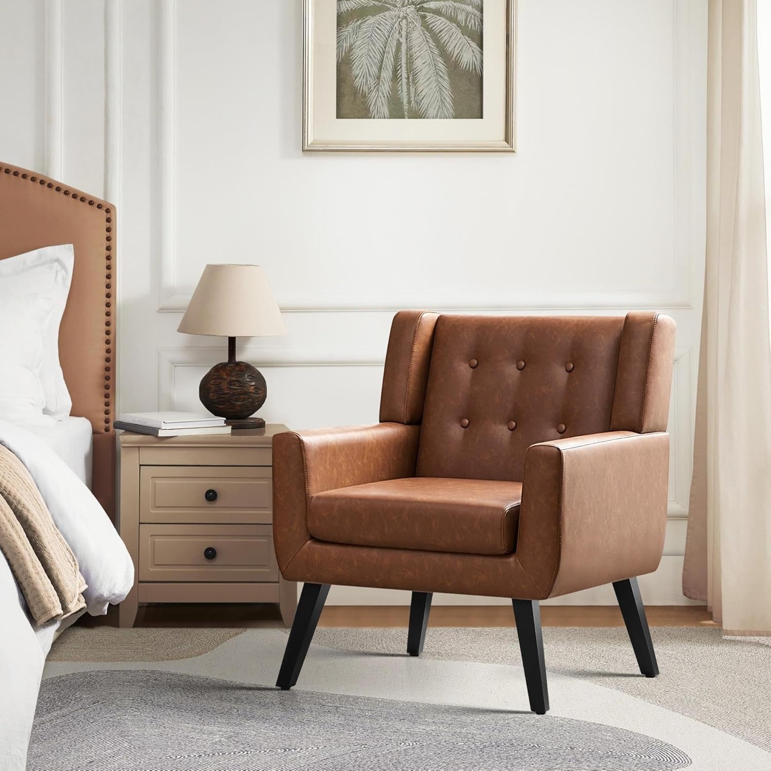Retro Brown Tufted Armchair with Thick PU Cushion & Sturdy Wood Legs
