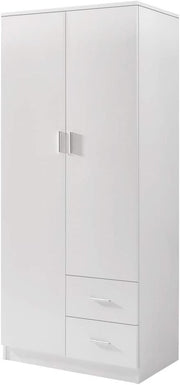 Tall White Wooden 2 Door Wardrobe with 2 Drawers Bedroom Storage Unit