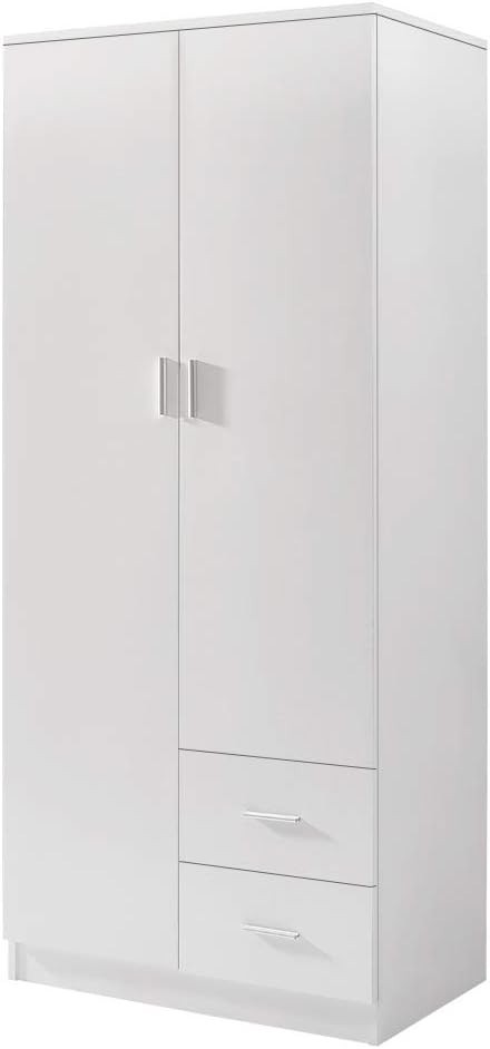 Tall White Wooden 2 Door Wardrobe with 2 Drawers Bedroom Storage Unit