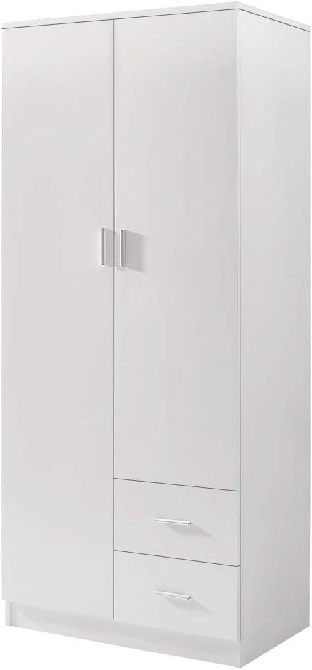 Tall White Wooden 2 Door Wardrobe with 2 Drawers Bedroom Storage Unit