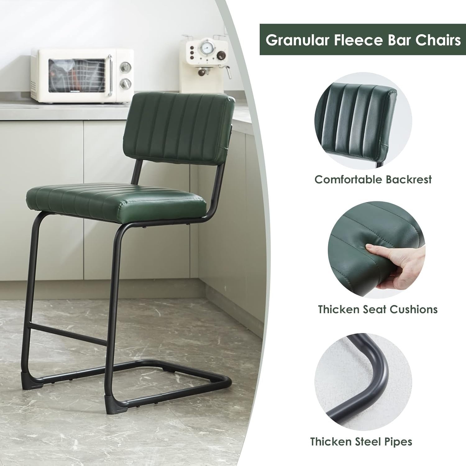 Modern Bar Stools 2pcs Green/Black Faux Leather Counter Kitchen Chairs