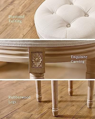 Round Vintage Ottoman Stool Tufted Upholstered Cushion Seat 45cm Beige