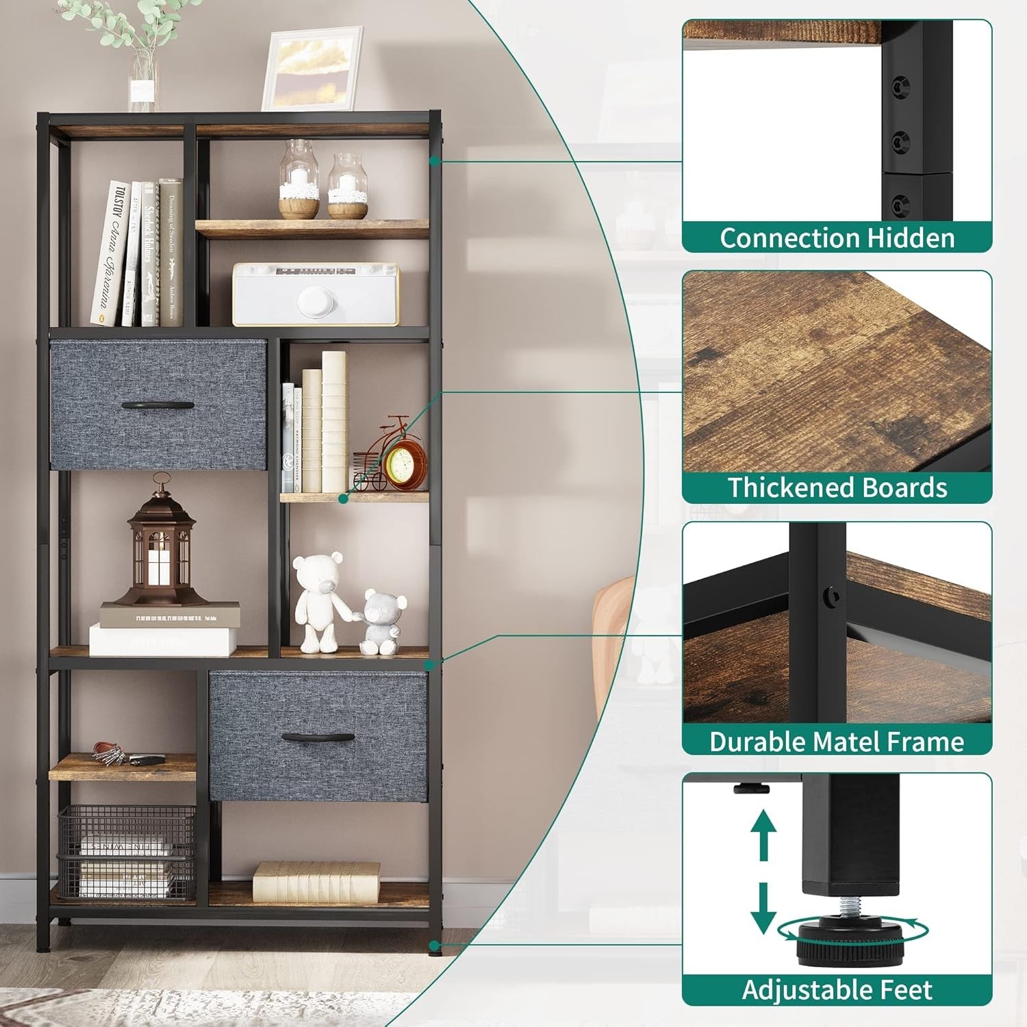 7-Tier Rustic Industrial Bookshelf with Drawers, Tall Display Storage Unit
